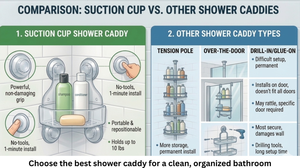 types of shower caddies comparison suction cup tension pole over door acrylic