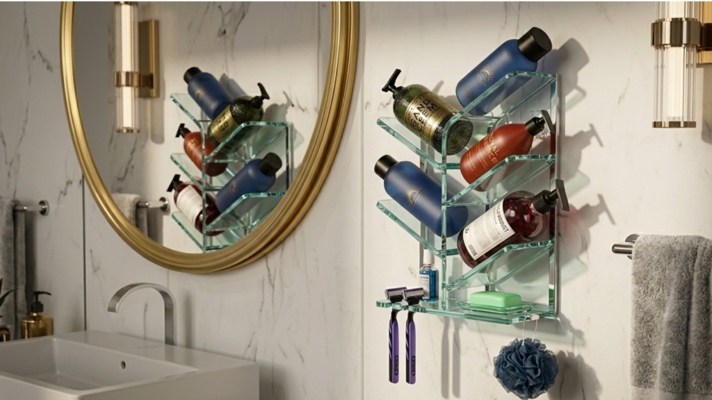 Modern acrylic shower caddy installed on a marble bathroom wall.