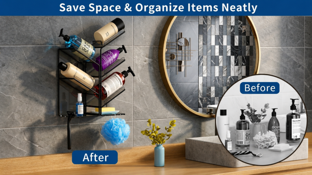 Before and after comparison of bathroom organization with a black shower caddy.