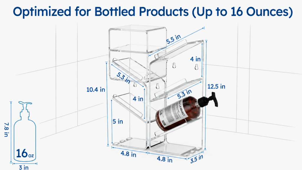 Dimensions and size guide for an acrylic shower caddy