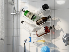 suction cup shower caddy mounted on bathroom wall