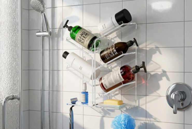 suction cup shower caddy mounted on bathroom wall