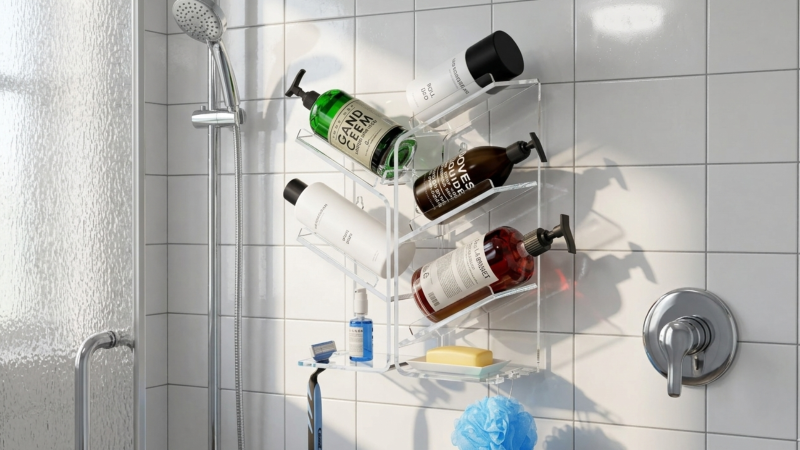 suction cup shower caddy mounted on bathroom wall