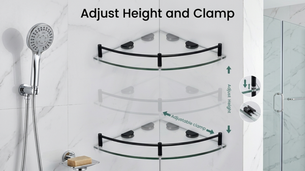 Adjustable height and clamp mechanism for open shelf bathroom vanity style.
