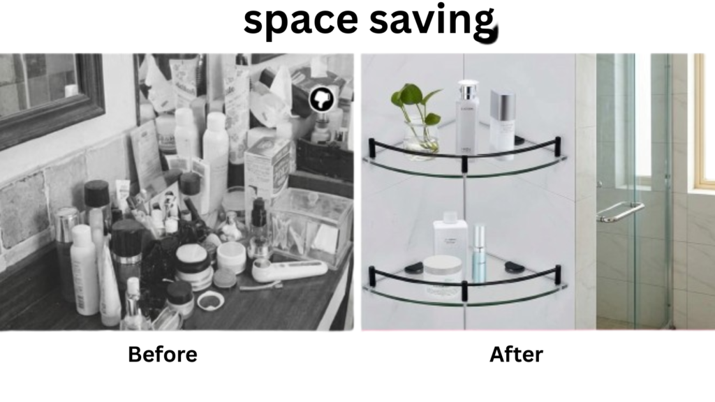 Before and after comparison of a bathroom over sink shelf saving space.