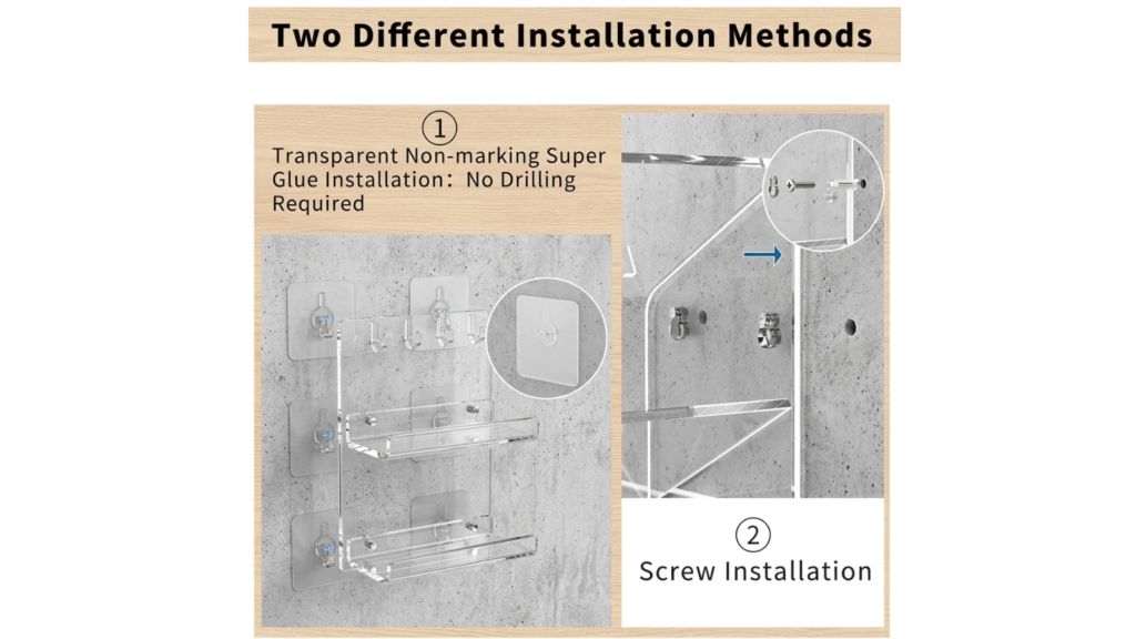 Two installation methods for shower caddy: adhesive hooks and screws
