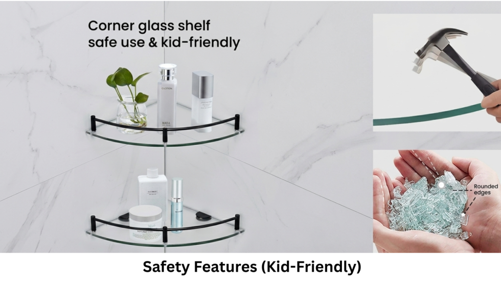 Tempered glass bathroom shelf with rounded edges and safety test