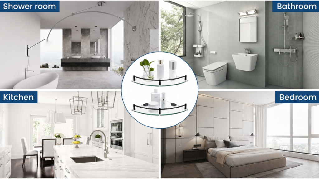 Versatile wall shelf for bathroom, kitchen, bedroom, and shower room.